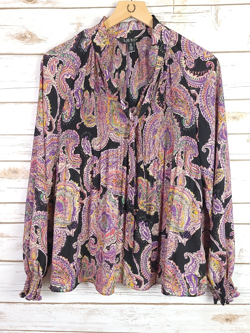Lauren Ralph Lauren Black Label Paisley Tie-Neck Long Sleeve Blouse Small